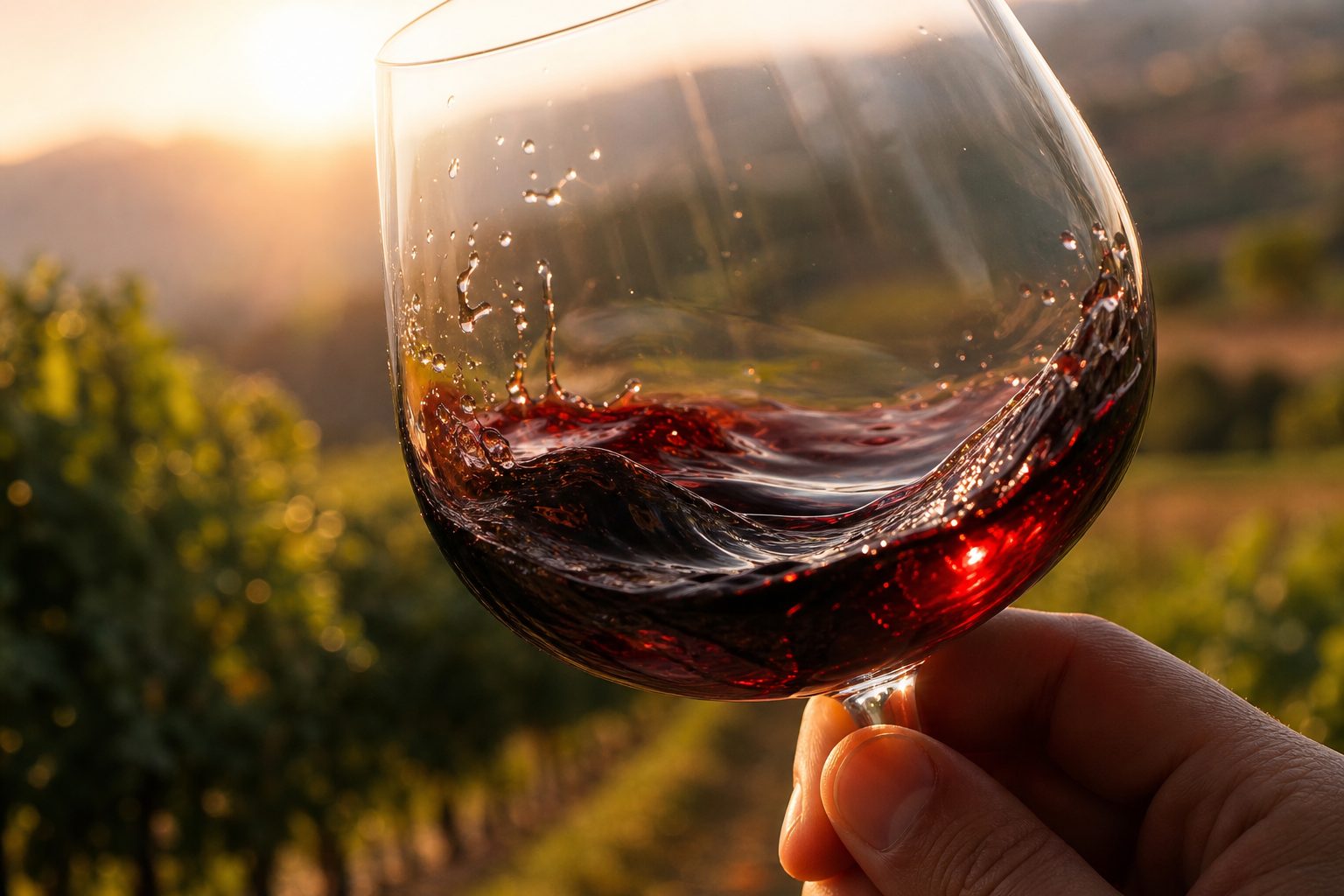 Glass of red wine in the vineyard